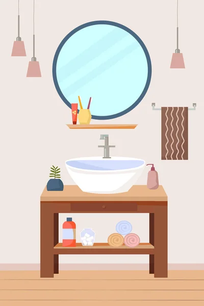 Kamar mandi interior furnitur dengan wastafel dan rak kayu, cermin bulat, lampu, handuk. Ilustrasi vektor datar - Stok Vektor