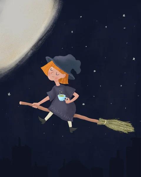 Malá, ospalá čarodějnice, která sedí na koštěti a drží šálek kávy. Letící na noční obloze před Halloweenskou nocí. Kreslený znak ilustrace — Stock fotografie