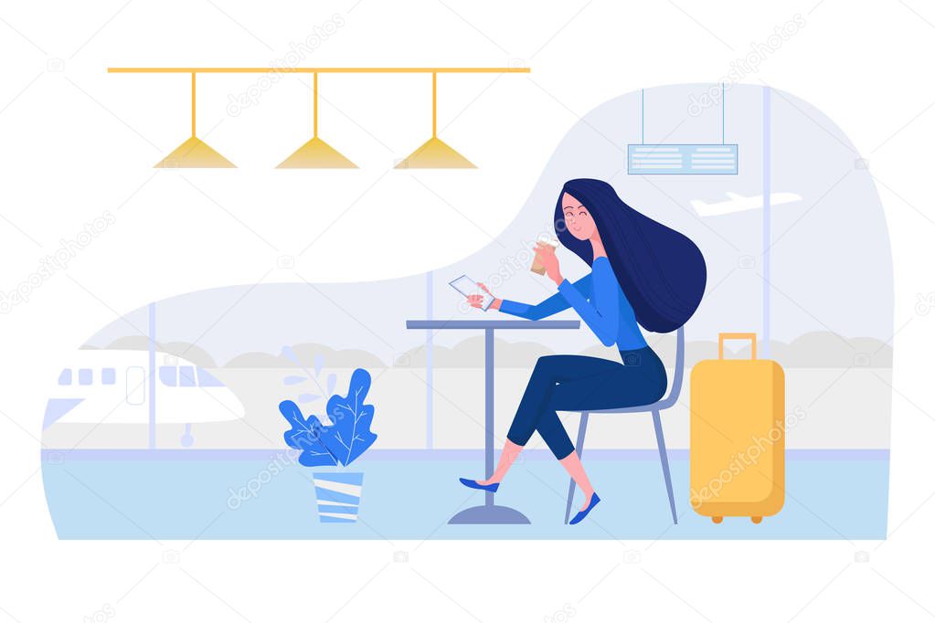 Woman at the airport sitting in cafe with suitcase, mobile phone and coffee. Female vector character illustration in flat style