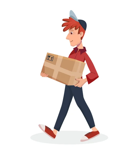 Delivery man walks and holding cardboard parcel box. Fast Delivery service by courier concept. Vector cartoon character illustration — Stock Vector