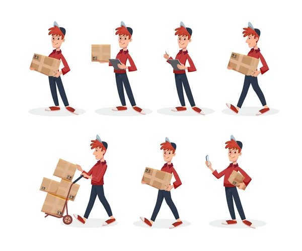 Set van levering man met kartonnen perceel doos in verschillende poses. Snelle levering service concept per koerier. Vector cartoon karakter illustratie — Stockvector