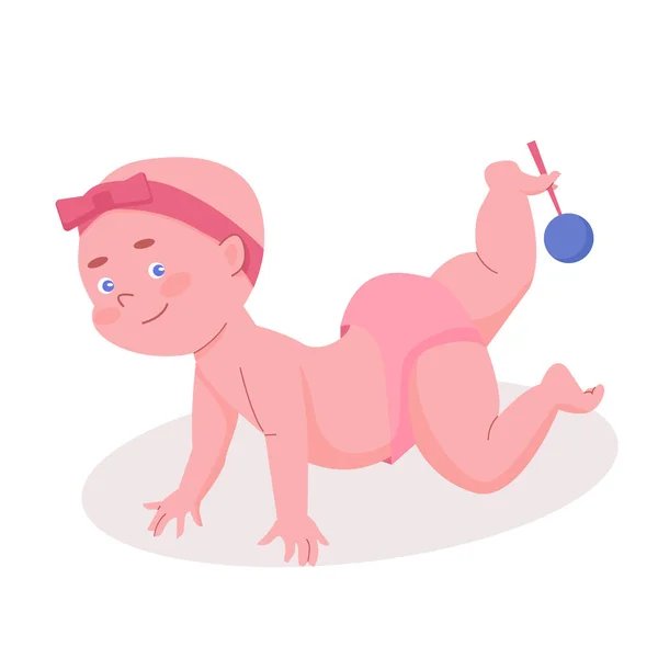 Bébé fille drôle mignon dans une couche et arc rose avec hochet dans sa jambe. Caractère isolé dans le style plat. Illustration vectorielle — Image vectorielle