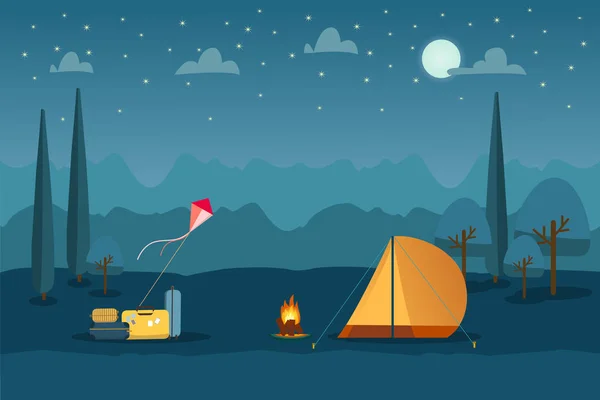 Campamento de verano paisaje paisaje de fondo con maletas, cometa, tienda de campaña y hoguera. Noche con luna, estrellas y nubes en el cielo. Ilustración vectorial — Archivo Imágenes Vectoriales