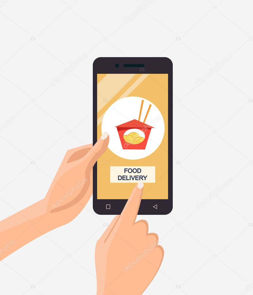 Hand holding mobile phone. Asian food, ramen order and delivery system. Mobile internet online application on smartphone. Flat vector cartoon illustration