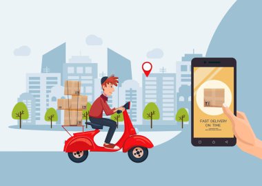 Kurye afişi ile scooter ile zamanında serviste hızlı teslimat. Mobil uygulama. Online internet siparişi ile el tutma akıllı telefon. Düz karikatür vektör illüstrasyon