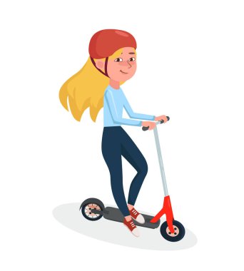 İki tekerlekli elektrikli scooter sürme kız. Vektör kadın karikatür karakter illüstrasyon