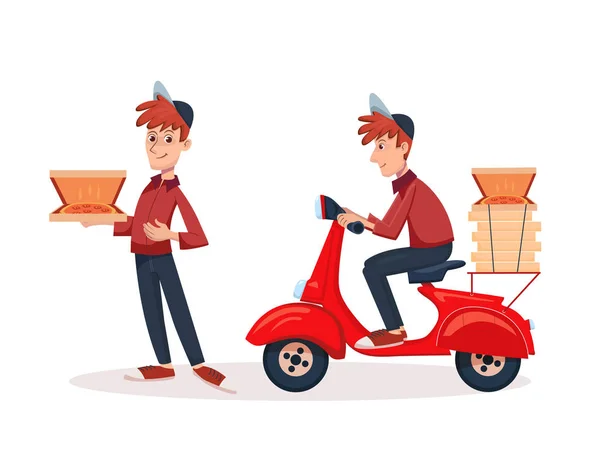 Kurye ile scooter tarafından hızlı teslimat Pizza Servisi. Vektör karikatür adam karakter illüstrasyon Binicilik scooter ile pizza kutuları — Stok Vektör