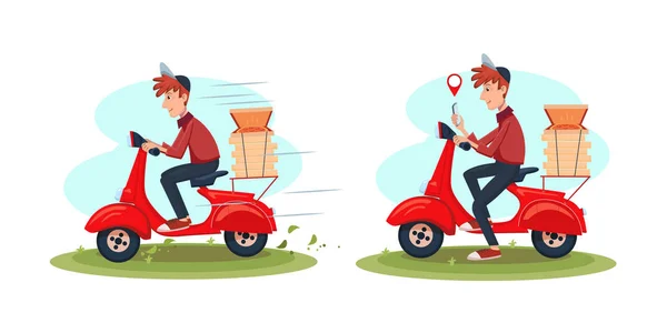 Kurye ile scooter tarafından hızlı teslimat hizmeti. Vektör karikatür adam karakter illüstrasyon pizza kutuları ile scooter sürme. Cep telefonu ile teslimat adam — Stok Vektör