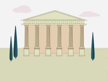 Tapınak ve ağaçlar ile antik Roma arka plan. Sütun ile antik Yunan ve Roma Tapınağı binası. Vektör Illustration