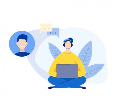 Müşteri Hizmetleri ve operatör konsepti. Bir müşteri danışmanlık kulaklık ile düz tarzda vektör karakter adam. Şirket Online Teknik destek