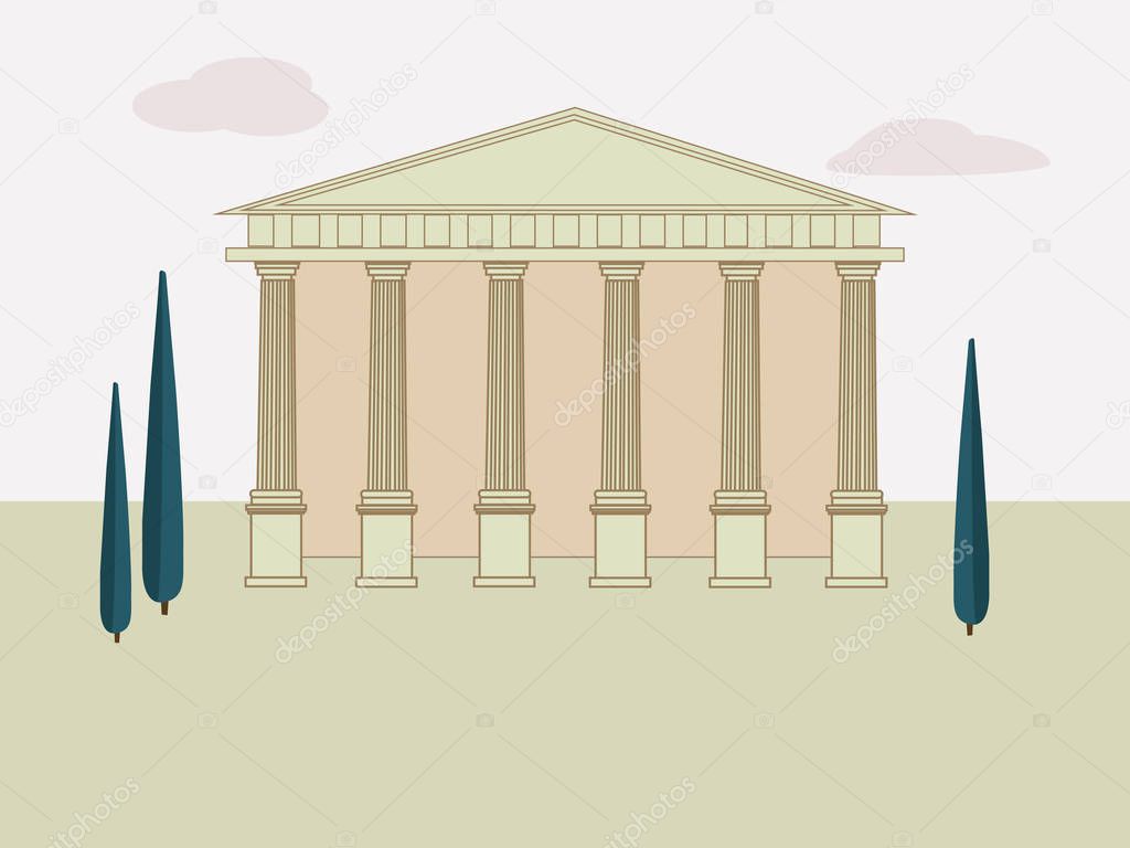 Ancient Rome background with Temple and trees. The building of the Ancient Greek and Roman Temple with columns. Vector illustration.