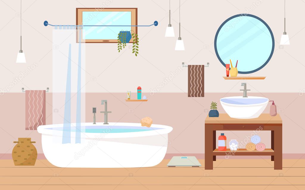 Bathroom interior furniture with bath, sink and wooden cupboard, a round mirror, lamps, towels, window. Flat vector illustration