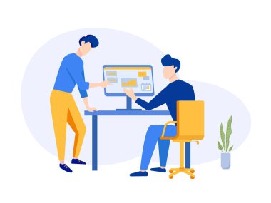 Şirket Stratejisi Planlama ekip çalışması kavramı. Iş analizi için ofis çalışma alanı. Toplantı, tartışma, sunum, çalışma alanı. Vektör Illustration