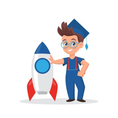 Mezuniyet şapkalı sevimli küçük çocuk. Roketle ayakta duran bir öğrenci. Okul, eğitim ve geliştirme merkezi için İllüstrasyon Maskotu