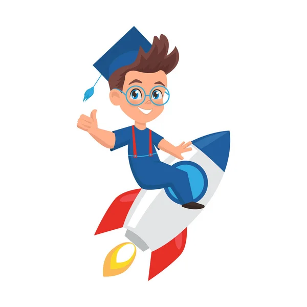 Netter kleiner Junge mit Mütze. Schüler auf einer Rakete. Illustration Maskottchen für Schule, Bildung und Entwicklungszentrum — Stockvektor