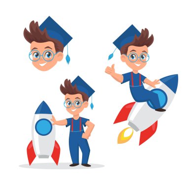 Sevimli küçük çocuk mezuniyet şapkası ayarlayın. Roketli bir öğrenci. Okul, eğitim ve geliştirme merkezi için İllüstrasyon Maskotu