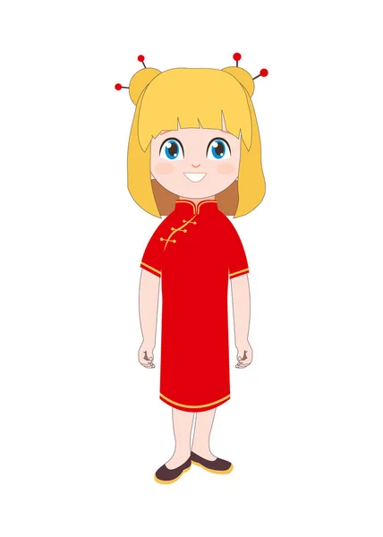 Roztomilá dívka v tradičním čínském kostýmu. Samostatná vektorová postava Vector ilustrace s šťastným dítětem — Stockový vektor