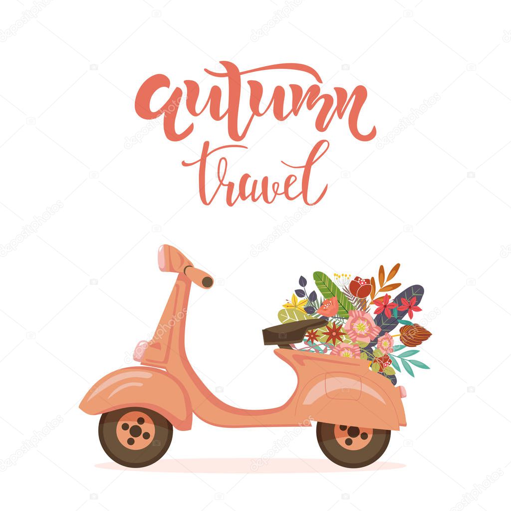 Autumn travel motivational quote, greeting card with scooter and flowers. Lettering typography template for poster, banner, print. Vector illustration.