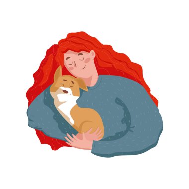 Mutlu Genç Kadın tutarak ve sevimli bir köpek yavrusu sarılma. Düz stil izole vektör karakter illüstrasyon