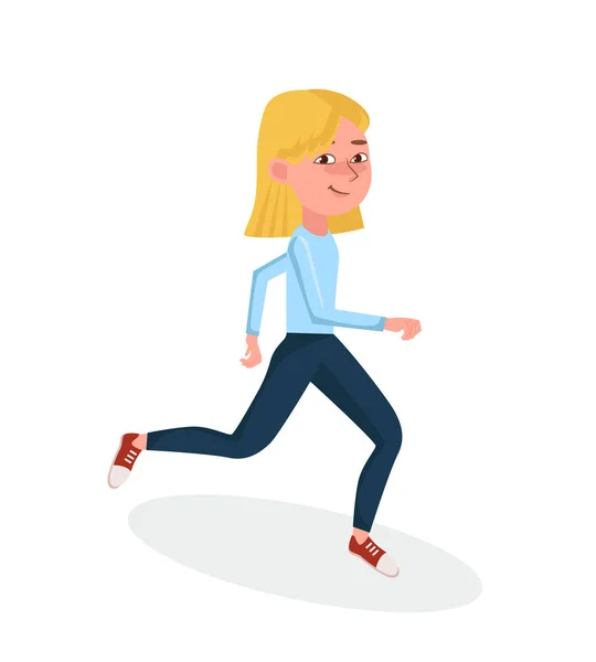 Chica joven corriendo en ropa deportiva, chándal. Personaje de dibujos animados femenino. Ilustración aislada vectorial — Vector de stock