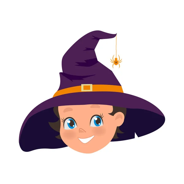 Šťastná mladá dívka ve starém klobouku a pavouku na klobouku. Halloweenský prázdninový kostým malé čarodějnice. Portrét usmívající se ženské postavy ilustrace — Stockový vektor