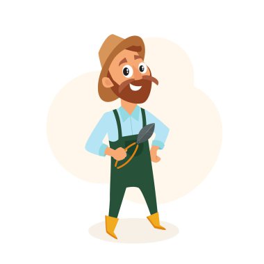 Bahçıvan adam bahçıvan lık ları tutuyor. Mutlu çiftçi çizgi film karakter tasarımı. Yalıtılmış vektör illüstrasyonu