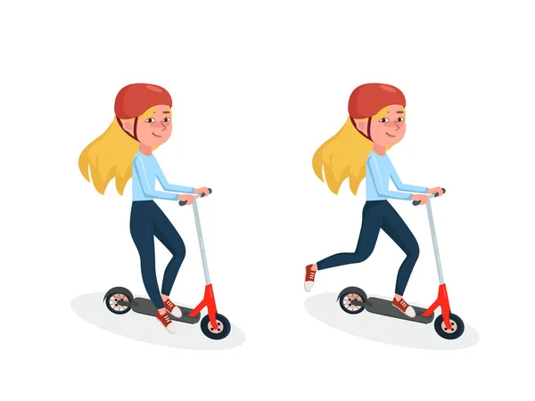 Genç kız iki tekerlekli elektrikli scooter sürüyor. Farklı pozlarda kadın karakter. Vektör İzole karikatür illüstrasyon — Stok Vektör