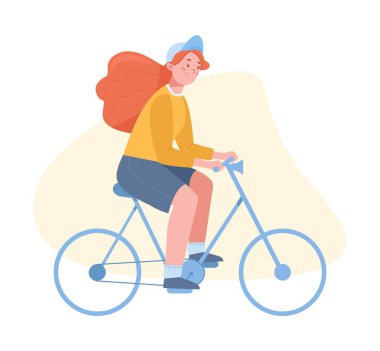 Bisiklet süren mutlu kız. İzole vektör çizimi. Kadın karakteri. Düz tasarımda vektör illüstrasyonu