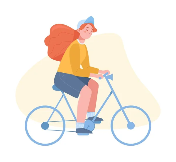 Chica Feliz Montando Bicicleta Ilustración Vectorial Aislada Personaje Femenino Ilustración — Vector de stock