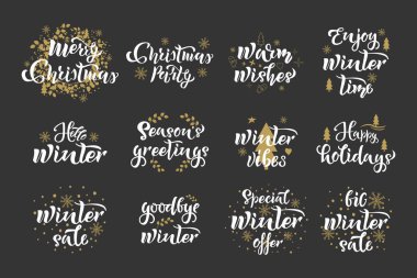 Kış Noel Seti. Tatil alıntıları. Kaligrafi harf dizaynı. Kartpostallar, posterler ve afişler için tipografi. Vektör illüstrasyonu