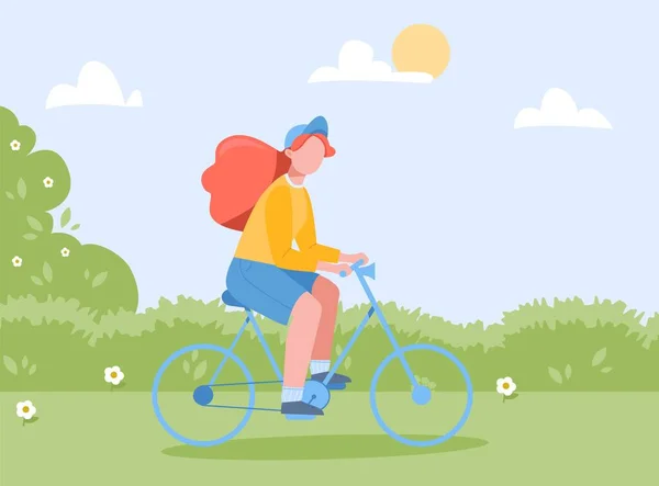 Glückliches Junges Mädchen Beim Fahrradfahren Park Weiblicher Charakter Vektorabbildung Flachem — Stockvektor
