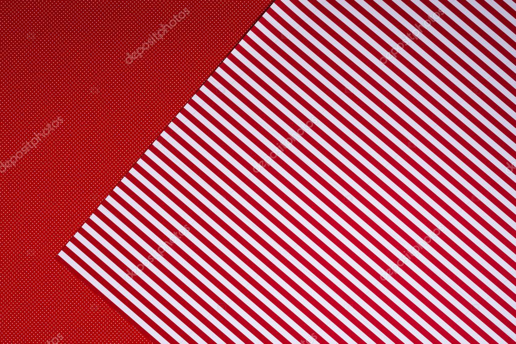 top view of red and white template with polka dot pattern and stripes for background