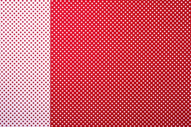 top view of red and white colors abstract composition with polka dot pattern and stripes for background clipart