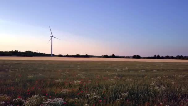 Luftaufnahmen einer Windkraftanlage im Hintergrund - Drohne fliegt seitlich — Stockvideo