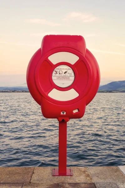 Lifebuoy Its Protective Box Edge Sea Front Complete View — Stock Photo, Image