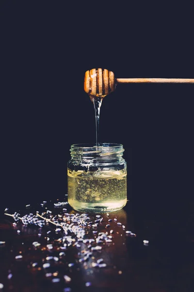 Foco selectivo de palo de miel con miel que fluye en tarro rodeado de pétalos de lavanda sobre fondo negro - foto de stock