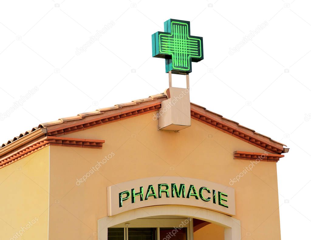 Pharmacy signboard in house facade on white background                  