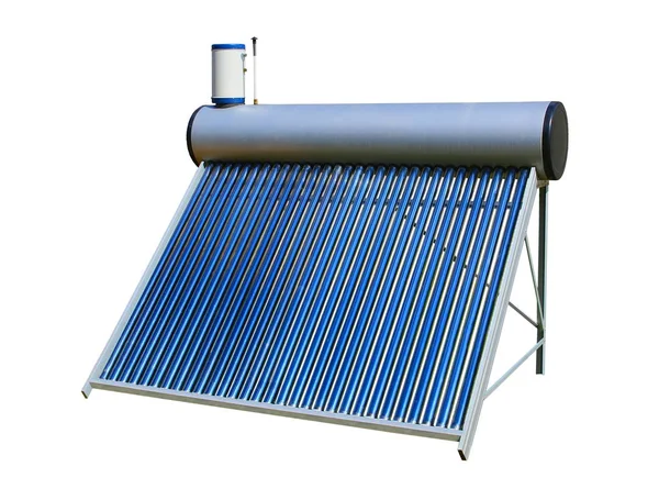 Solar Podgrzewacz Wody Niebieskim Rurze Izolowane Białym Tle — Zdjęcie stockowe
