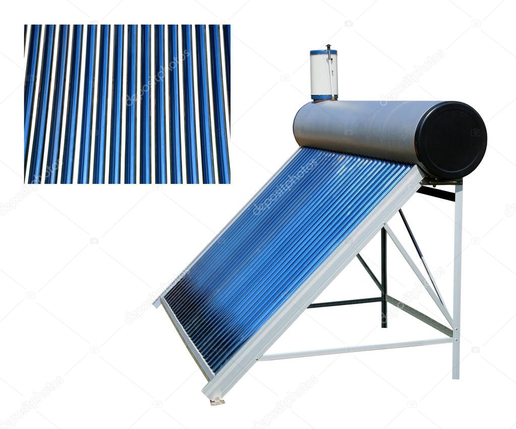Solar water heater standing on the ground isolated on white background.                  