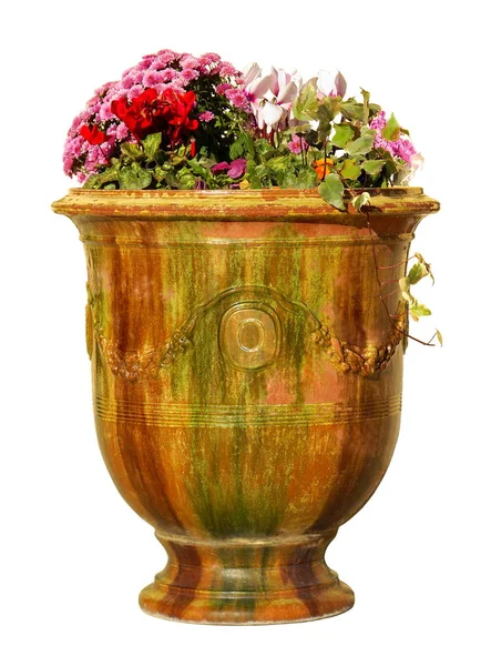 Versierde Gelakte Pot Met Bloemen Geïsoleerd Een Witte Achtergrond — Stockfoto