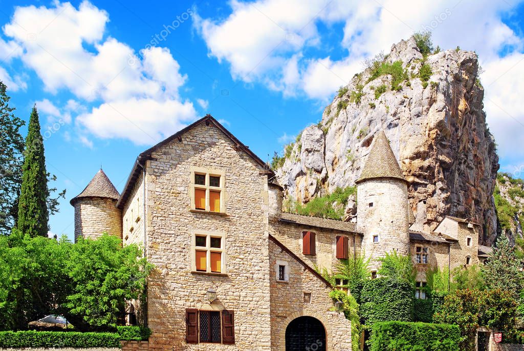 Small castle in the village of La Malne in the Gorges du Tarn in France.                   