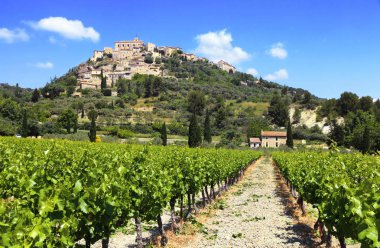 Gordes köyü, Fransa'da Provence sarmaşıklarının ötesindeki kayalık yamacında.