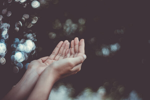 Woman hands place together like praying in front of nature green bokeh and blue sky  background.