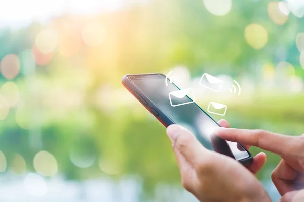 Woman Hand Using Smartphone Send Recieve Email Business Nature Bokeh — Stock Photo, Image