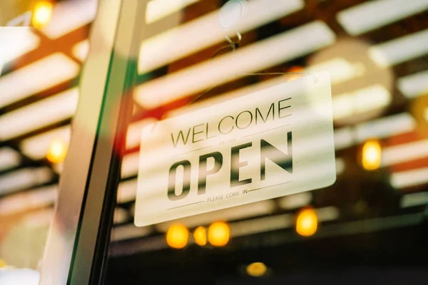 Sinal Negócio Que Diz Aberto Café Restaurante Pendurar Porta Entrancen — Fotografia de Stock