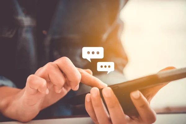 Women Hand Using Smartphone Typing Chatting Conversation Chat Box Icons — Stock Photo, Image