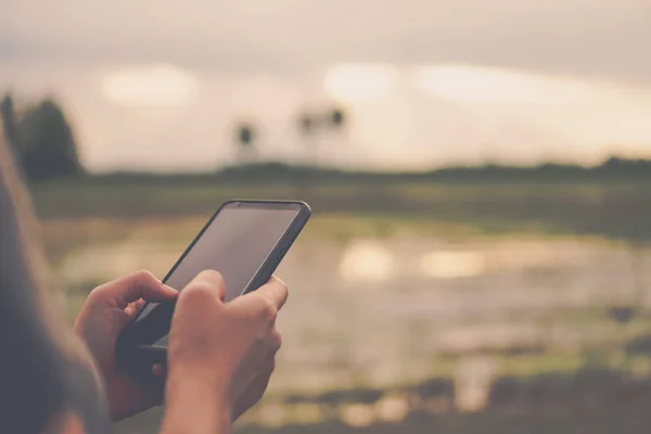 Mulher Mão Usando Smartphone Com Natureza Verde Belo Fundo Conceito — Fotografia de Stock