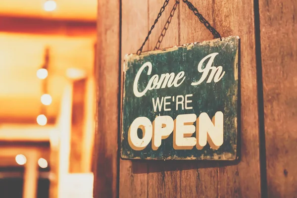 Business Sign Says Open Cafe Restaurant Hang Door Entrance Vintage — Stock Photo, Image