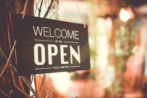 Business Sign Says Open Cafe Restaurant Hang Door Entrance Vintage — Stock Photo, Image