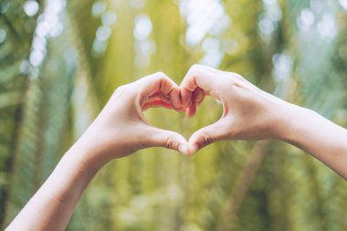 Kadın el kalp şekli üzerinde bokeh doğada orman güzel arka plan.